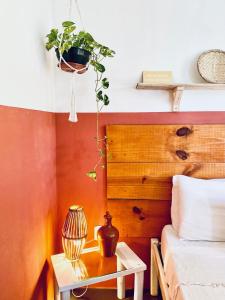 um quarto com uma cama e uma mesa com uma planta em Pousada Ziriguidüm em Caraíva