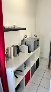 a kitchen with a counter with a microwave on it at Studio Schilick in Schiltigheim +12 photos