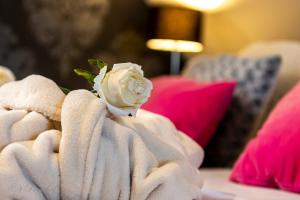 een witte roos in een handdoek op een bank bij 't Poorthof in Borgloon