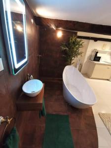 La salle de bains est pourvue d'une grande baignoire et d'un lavabo. dans l'établissement Studio équipé avec Lit rond / baignoire ilot / Table massage Aux Arcs, aux Arcs-sur-Argens