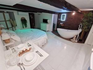 a bathroom with a bed and a tub and a sink at Studio équipé avec Lit rond / baignoire ilot / Table massage Aux Arcs in Les Arcs sur Argens +1 photo