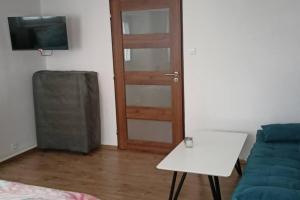 a room with a door and a couch and a table at Wellness apartmán Bělá in Děčín