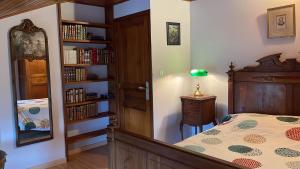 1 dormitorio con 1 cama y estantería con libros en Maison de campagne chaleureuse et au calme, en Léotoing