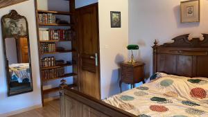 1 dormitorio con 1 cama y estantería con libros en Maison de campagne chaleureuse et au calme, en Léotoing