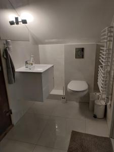 a white bathroom with a sink and a toilet at Mazury całoroczny dom do wynajęcia nad jeziorem in Pasym