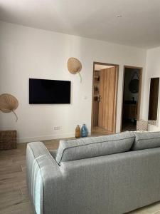ein Wohnzimmer mit einem Sofa und einem Flachbild-TV in der Unterkunft Cassis centre, superbe appartement neuf, 50m port. in Cassis