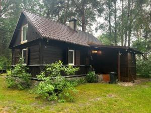 une petite maison noire au milieu d'une cour dans l'établissement Ranczo Wilkowyja, à Wilkowyja