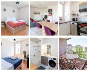 a collage of photos of a bedroom and a room at La loge du Minotaure, parking et bureaux in Toulouse