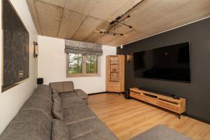 a living room with a couch and a flat screen tv at Villa Warminska in Kręsk