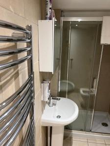 uma casa de banho com um lavatório, um chuveiro e um WC. em Entire Two Bedrooms Flat with Nice View H2 em Great Yarmouth