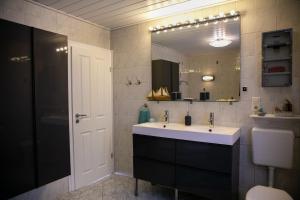 a bathroom with a sink and a mirror at Ferienwohnung Gunnar-Ferien in Almdorf in Almdorf