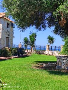 a yard with palm trees and the ocean in the background at Monte e Mare in Minia