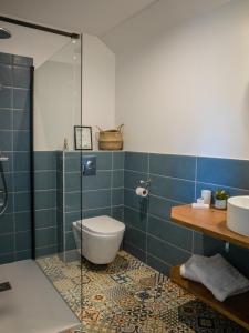 a bathroom with a toilet and a glass shower at Le Manoir de la Beslière - Gîte et Chambres d'hôtes in Folligny