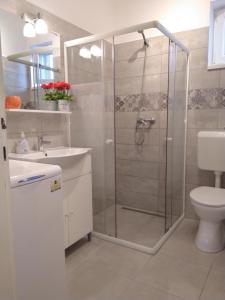 a bathroom with a shower and a toilet and a sink at Nagyiék háza / Granny's House in Esztergom