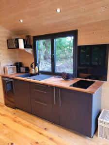 - une cuisine avec un comptoir dans une cabine dans l'établissement Roulotte Escapade nature à Morainville - Normandie, à Morainville-près-Lieurey