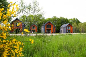 eine Gruppe von drei Häusern auf einem Feld in der Unterkunft Dzika Plaża Stilo in Sasino