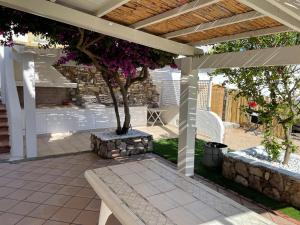 eine Terrasse mit einem Baum und einer Bank unter einer Pergola in der Unterkunft Calasetta casa al mare in Calasetta