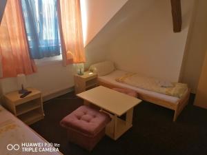 een kleine kamer met een bed en een tafel bij Penzion U Hladů in Úlice
