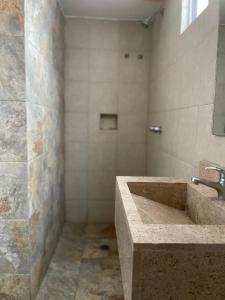 a bathroom with a sink and a shower at Hotel Rias in Veracruz