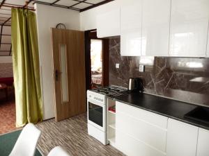 a kitchen with white cabinets and a stove top oven at Apartmány Plischke in Lipova Lazne