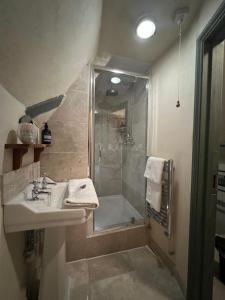 a bathroom with a sink and a shower at The Tea House in Rye