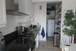 een keuken met een zwart aanrecht en een koelkast bij Spacious 70 m flat with Balcony and sea view! in Cannes