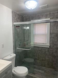 a bathroom with a toilet and a glass shower at Cozy Cottage with Fireplace in Newburgh