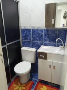 a bathroom with a toilet and a sink at Espaço completo bem localizado c estacionamento in Foz do Iguaçu