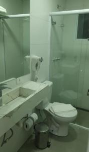 La salle de bains est pourvue de toilettes, d'un lavabo et d'un miroir. dans l'établissement Pousada Serrano, à Campos do Jordão