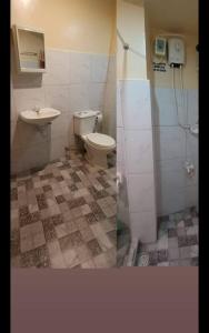 ein Bad mit einem WC, einem Waschbecken und einer Dusche in der Unterkunft Sunset Vista Sea Front Guest House in Camotes Islands