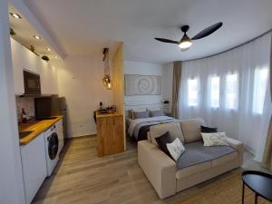 a living room with a bed and a couch in a room at Arena Negra in Tarajalejo