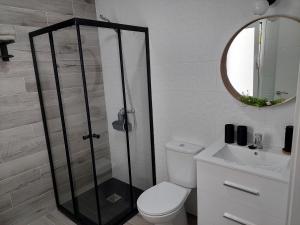a bathroom with a shower and a toilet and a sink at Arena Negra in Tarajalejo +34 photos