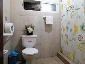 a bathroom with a toilet and a shower curtain at Hostal Cumbres Andinas in Ibarra