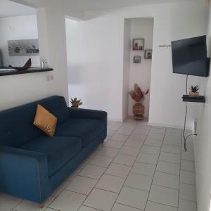 uma sala de estar com um sofá azul e uma televisão em Spacieux cocon em Goyave