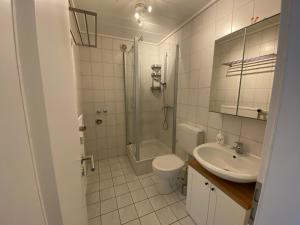 ein Badezimmer mit Dusche, Toilette und Waschbecken in der Unterkunft WEITBLICK APARTMENT direkt am Park mit kostenlosem Parkplatz in Bremerhaven + 17 Fotos