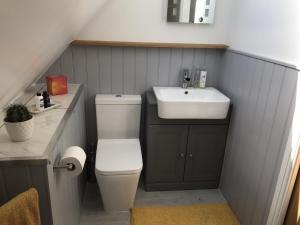 a small bathroom with a sink and a toilet at The Cartlodge in Hollesley