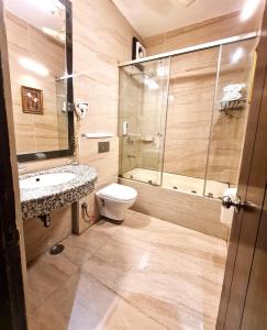 a bathroom with a toilet and a sink and a shower at Hotel Royal Castle Grand in New Delhi