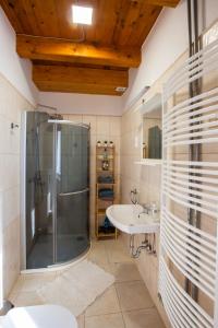 Boróka Apartmanház في Hárskút: حمام مع دش ومغسلة