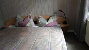 een slaapkamer met een bed met kussens en een lamp bij Ferienwohnung Gerlach in Thale
