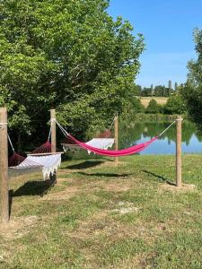 eine Hängematte auf einem Feld neben einem See in der Unterkunft Domaine en castanet in Caraman