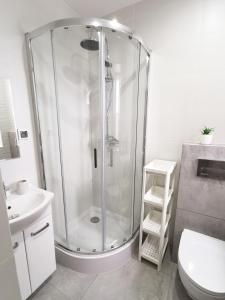uma casa de banho com um chuveiro, um WC e um lavatório. em Apartamenty Fińska Gdynia em Gdynia