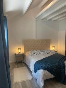 a bedroom with a bed and two lamps on two tables at Le bleu de Senlis in Senlis