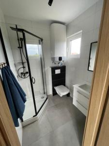 a bathroom with a shower and a toilet and a sink at Zagajka SUN in Sarbinowo +23 photos