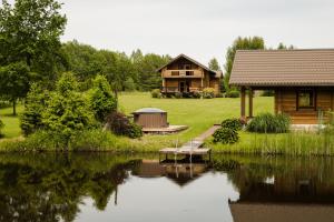 a log cabin next to a lake with a house at Vila Juodenėnai in Žaugėdai