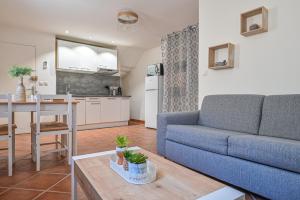 a living room with a blue couch and a kitchen at Super studio climatisé in La Ciotat