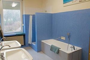 サン・モーリス・シュル・モセルにあるChez MARLYSE-chambres et Table d'hôtesの青いタイル張りのバスルーム(バスタブ、シンク付) +38枚の写真
