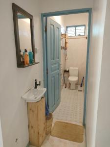 a bathroom with a sink and a mirror and a toilet at Déjà Blue in Paje