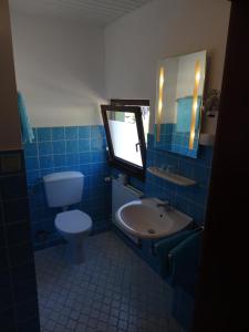 a blue tiled bathroom with a toilet and a sink at Bed&Breakfast Eifelpension Brückenschenke in Fuchshofen +27 photos