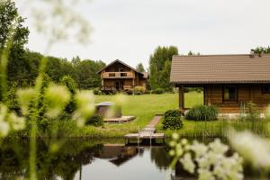 a log cabin next to a lake with a house at Vila Juodenėnai in Žaugėdai