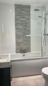 a bathroom with a shower and a sink and a toilet at CityGo Apartments Queens Wellington in Belfast